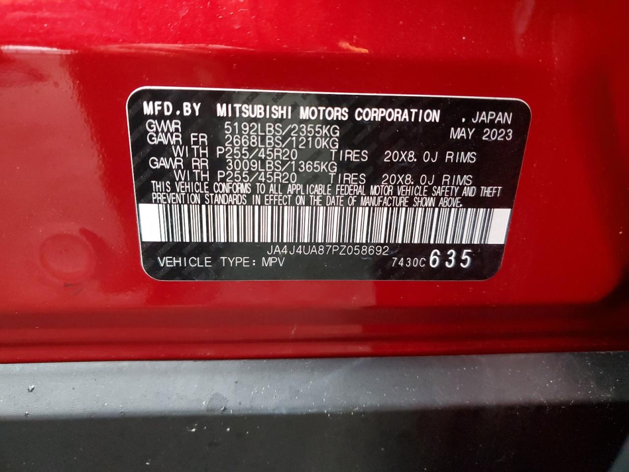 2023 MITSUBISHI OUTLANDER SE VIN:JA4J4UA87PZ058692