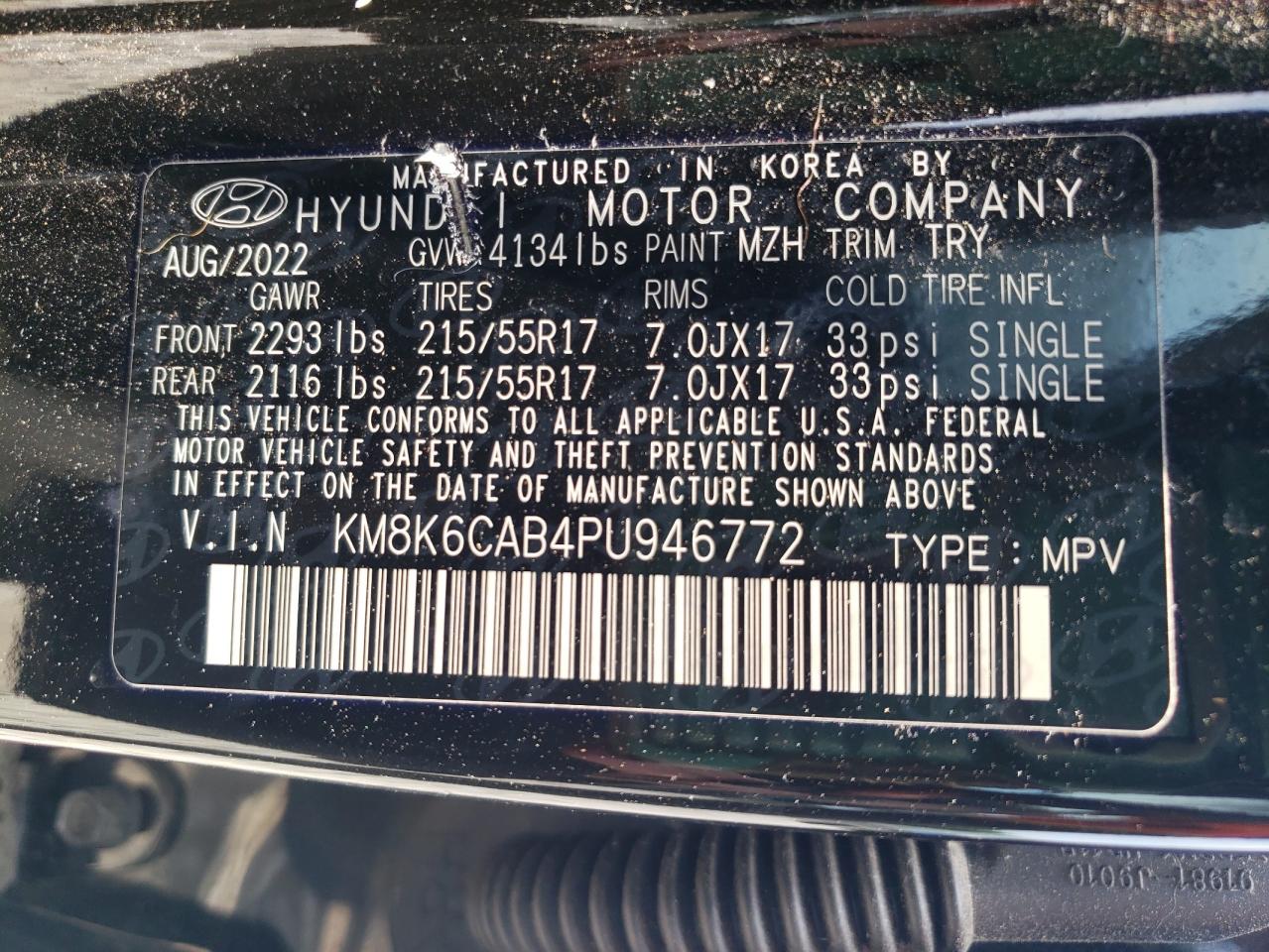 2023 HYUNDAI KONA SEL VIN:KM8K6CAB4PU946772