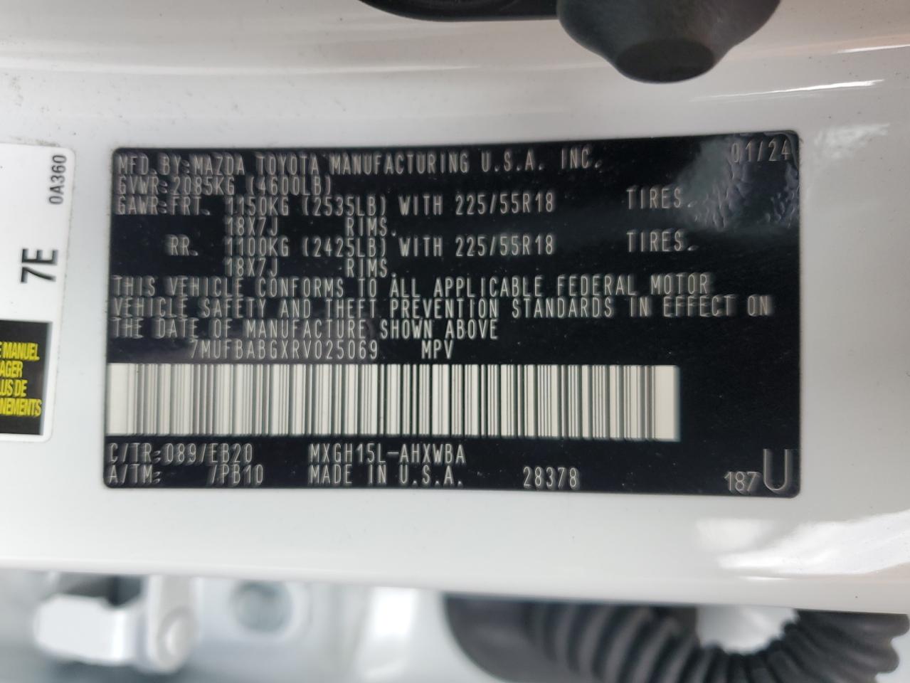 2024 TOYOTA COROLLA CROSS SE VIN:7MUFBABGXRV025069