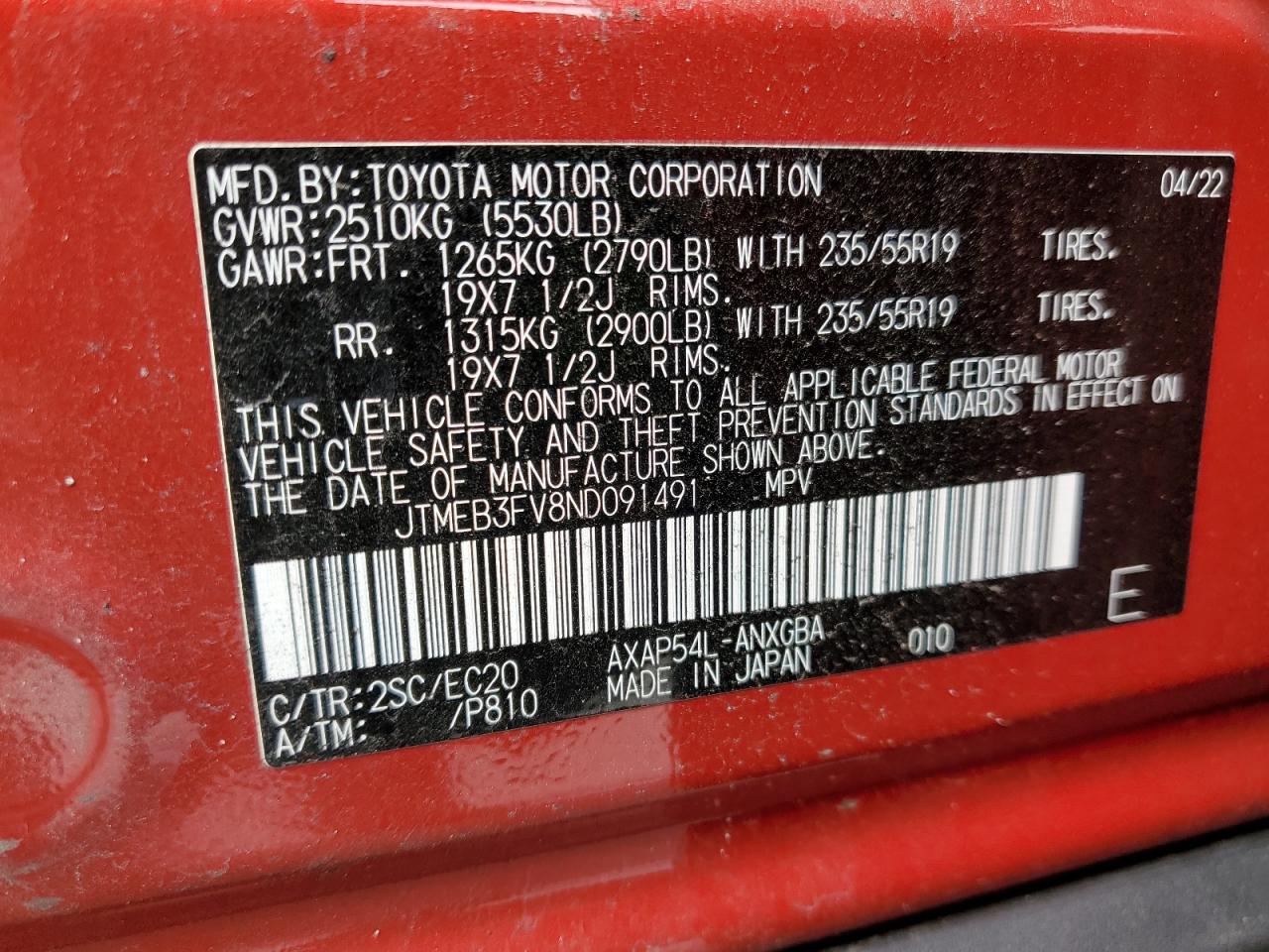 2022 TOYOTA RAV4 PRIME XSE VIN:JTMEB3FV8ND091491