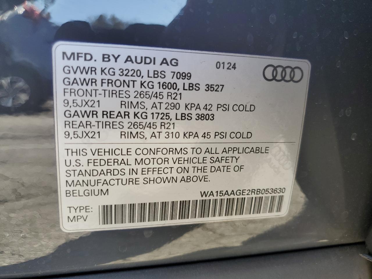 2024 AUDI Q8 E-TRON PREMIUM PLUS VIN:WA15AAGE2RB053630