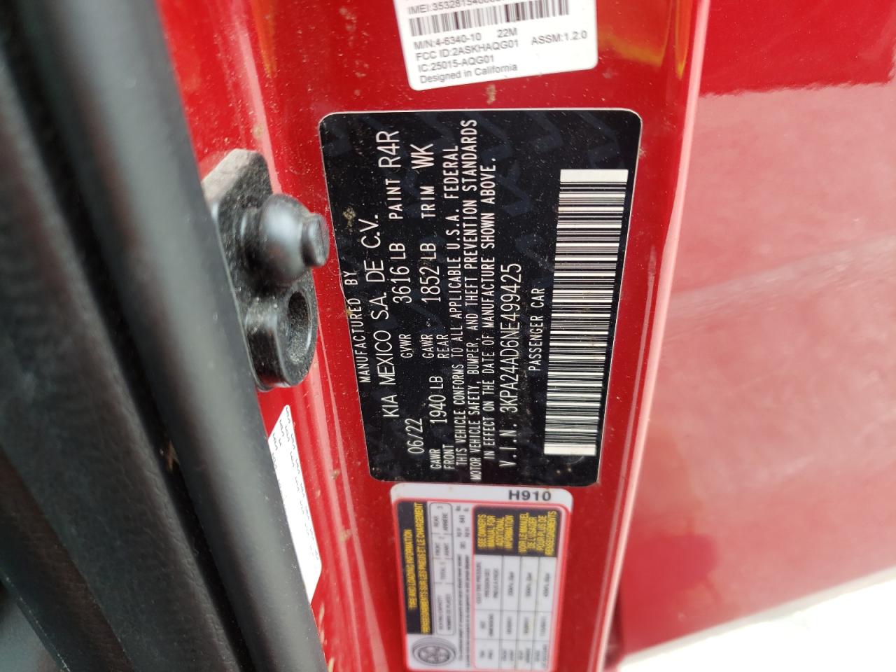 2022 KIA RIO LX VIN:3KPA24AD6NE499425