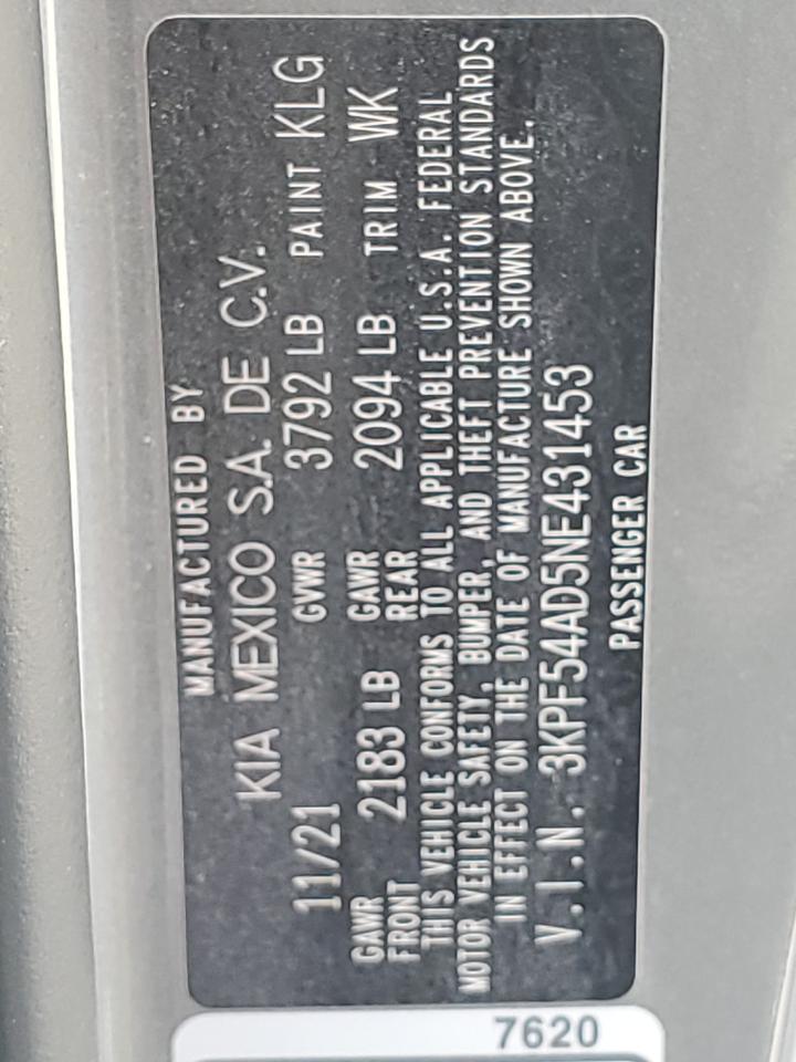 2022 KIA FORTE GT LINE VIN:3KPF54AD5NE431453