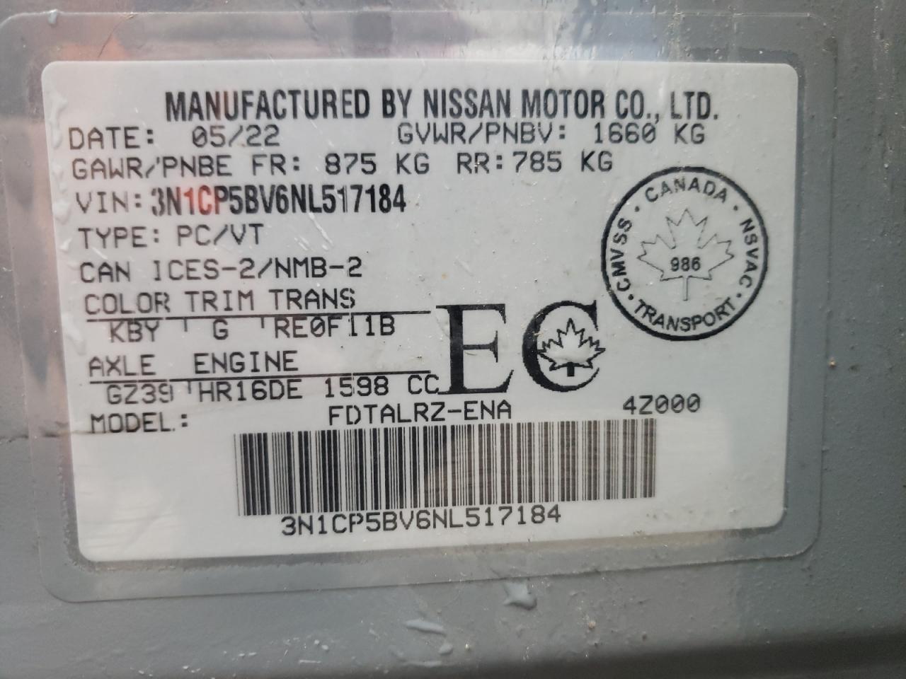 2022 NISSAN KICKS S VIN:3N1CP5BV6NL517184