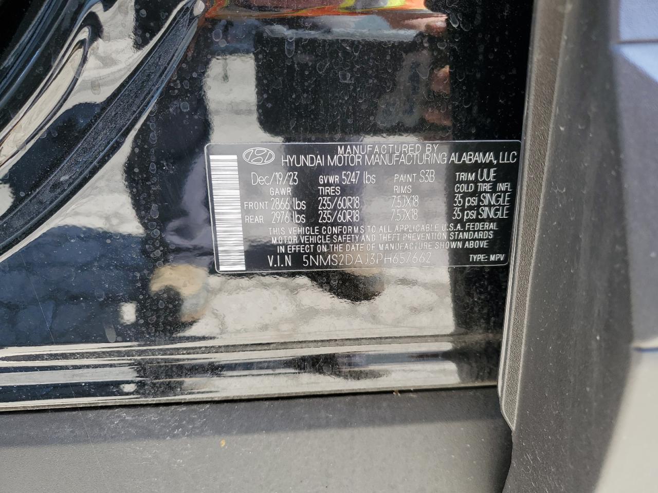 2023 HYUNDAI SANTA FE SEL VIN:5NMS2DAJ3PH657662