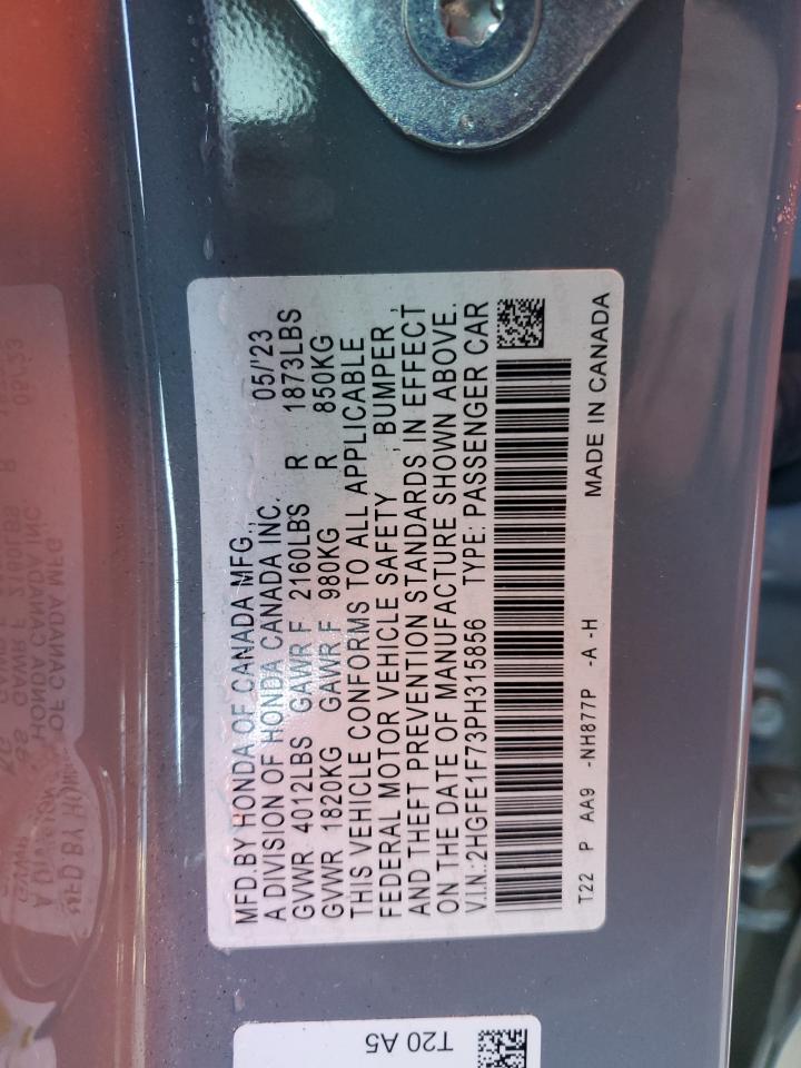2023 HONDA CIVIC EX VIN:2HGFE1F73PH315856