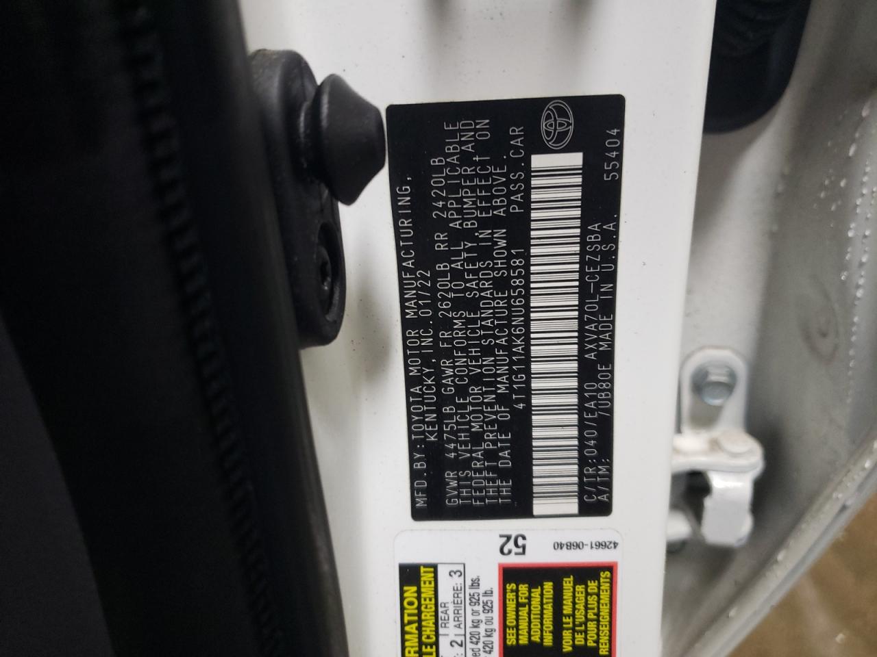 2022 TOYOTA CAMRY SE VIN:4T1G11AK6NU658581