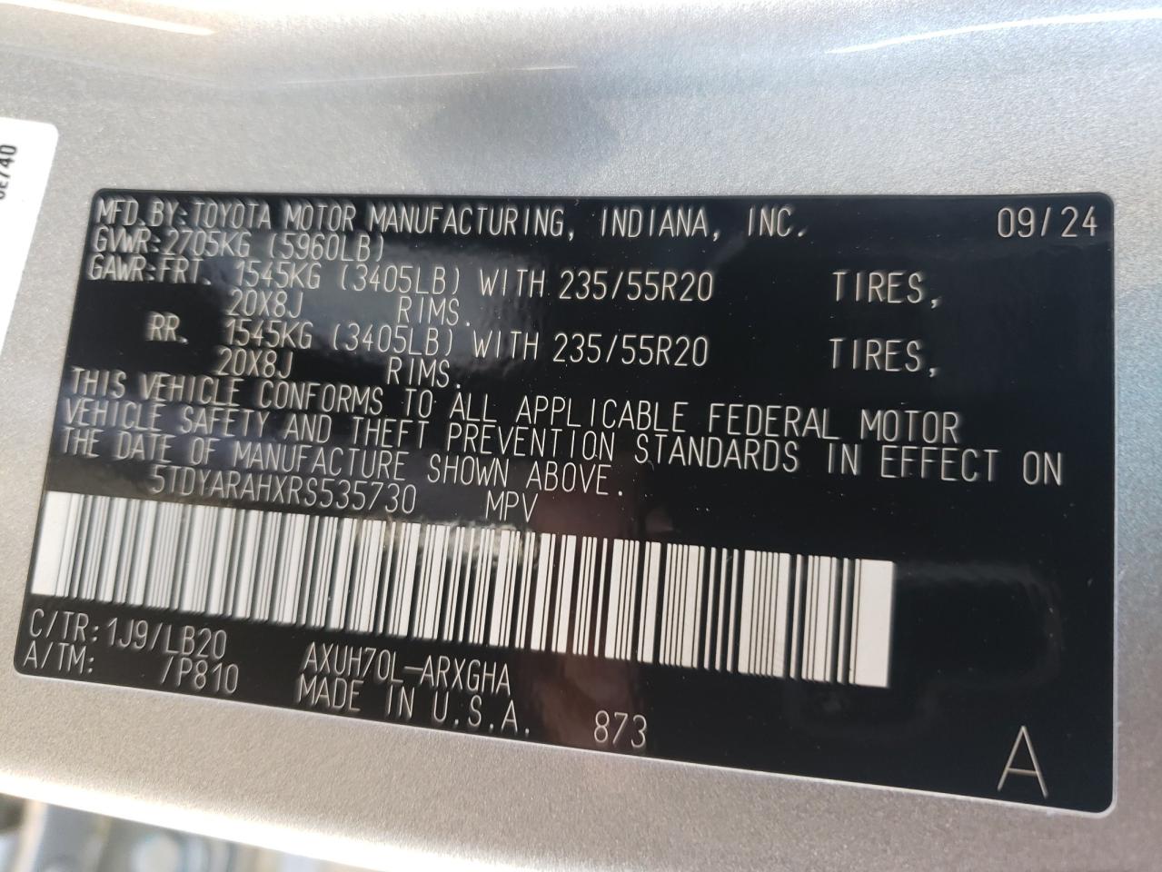 2024 TOYOTA HIGHLANDER HYBRID LIMITED VIN:5TDYARAHXRS535730