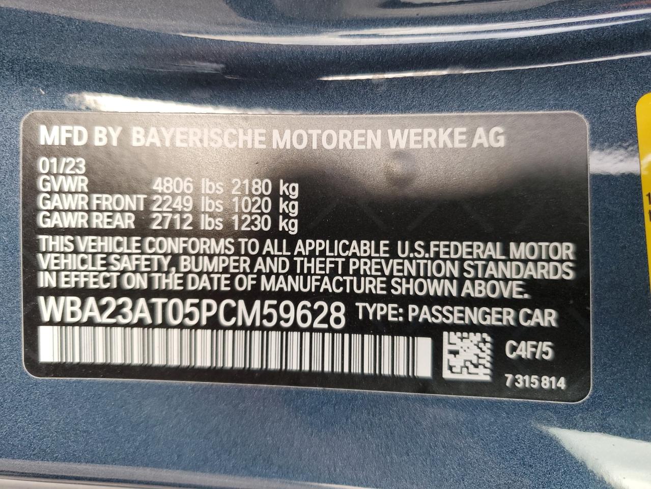 2023 BMW 430I  VIN:WBA23AT05PCM59628