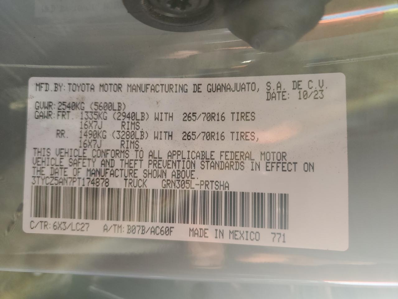 2023 TOYOTA TACOMA DOUBLE CAB VIN:3TYCZ5AN7PT174878