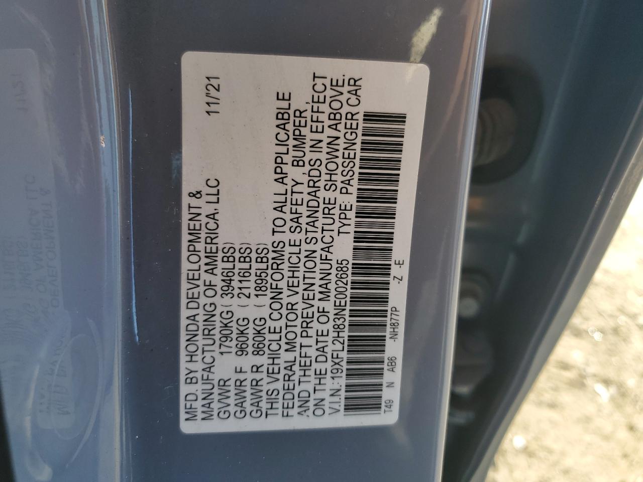 2022 HONDA CIVIC SPORT VIN:19XFL2H83NE002685