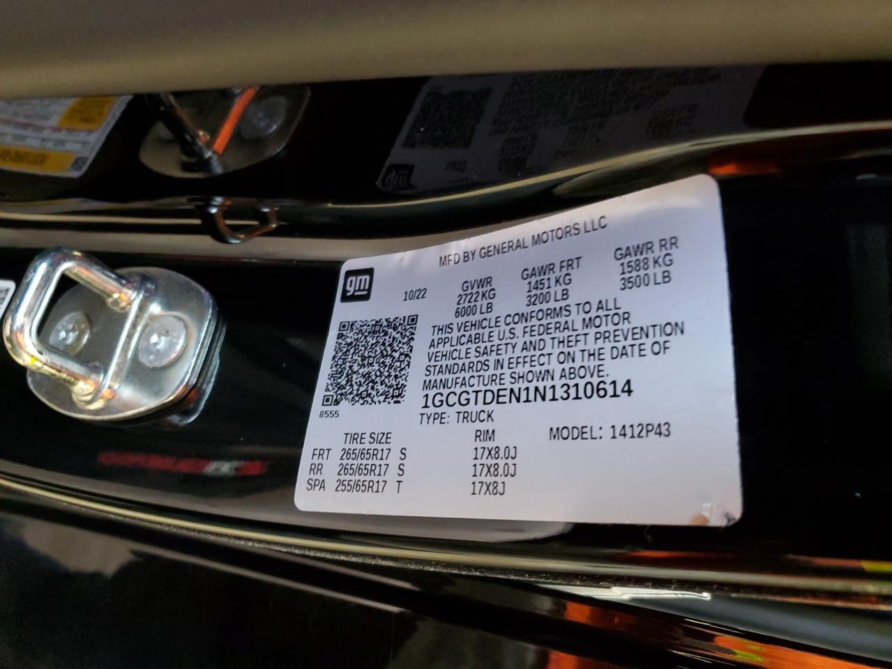 2022 CHEVROLET COLORADO Z71 VIN:1GCGTDEN1N1310614