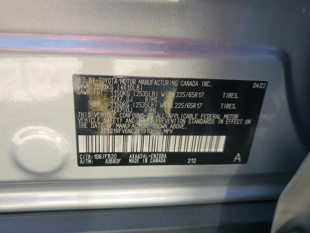 2022 TOYOTA RAV4 LE VIN:2T3G1RFV6NC281910