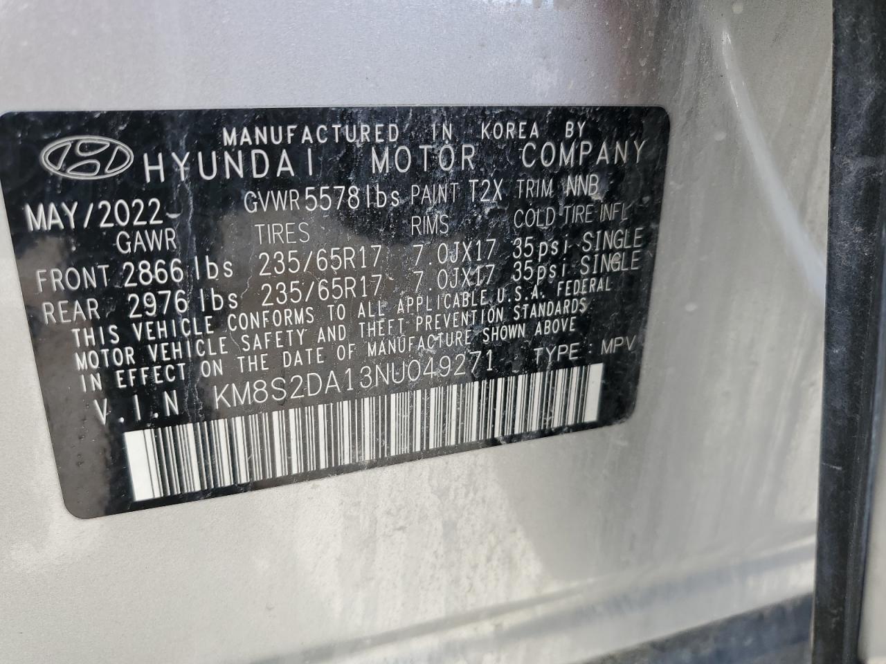 2022 HYUNDAI SANTA FE BLUE VIN:KM8S2DA13NU049271