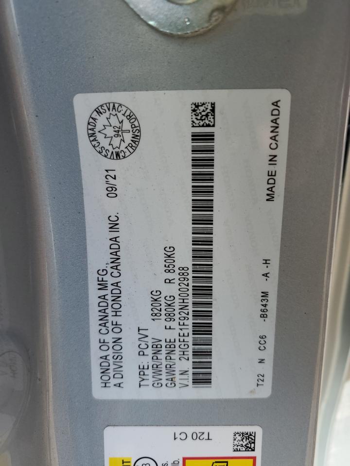 2022 HONDA CIVIC TOURING VIN:2HGFE1F92NH002988