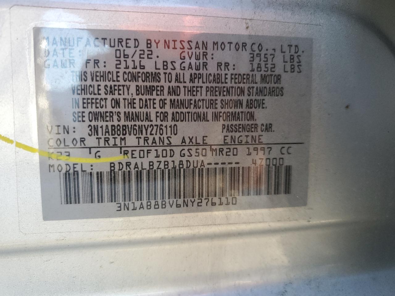 2022 NISSAN SENTRA S VIN:3N1AB8BV6NY276110