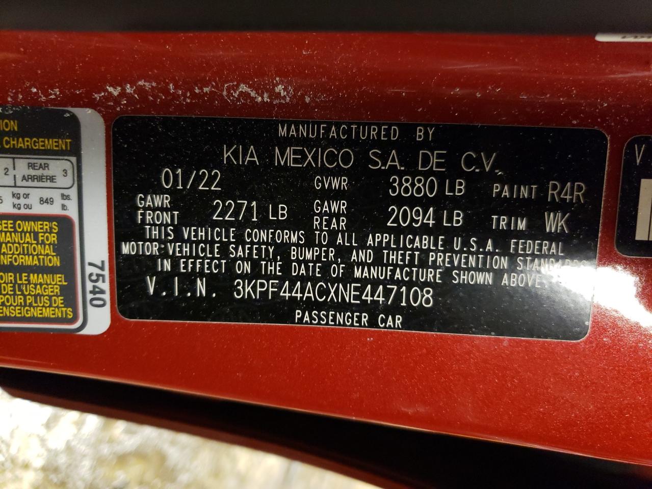 2022 KIA FORTE GT VIN:3KPF44ACXNE447108