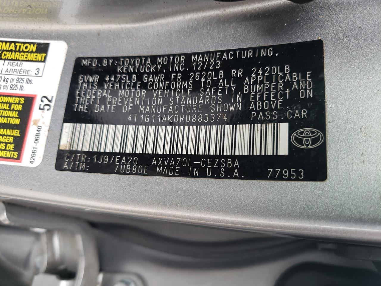 2024 TOYOTA CAMRY SE NIGHT SHADE VIN:4T1G11AK0RU883374