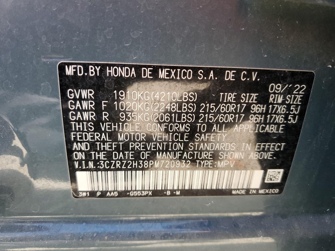 2023 HONDA HR-V LX VIN:3CZRZ2H38PM720932