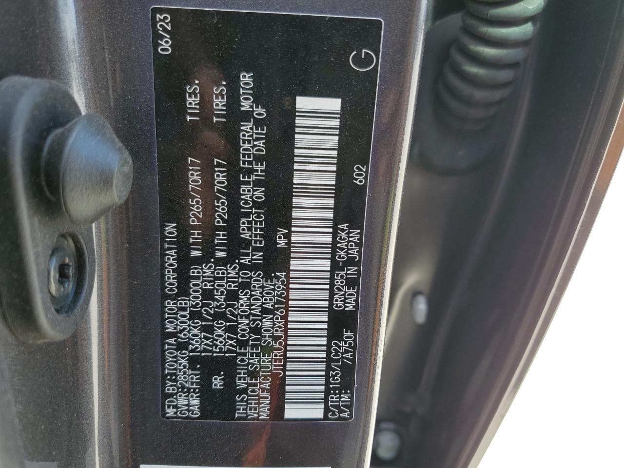 2023 TOYOTA 4RUNNER SE VIN:JTERU5JRXP6173954