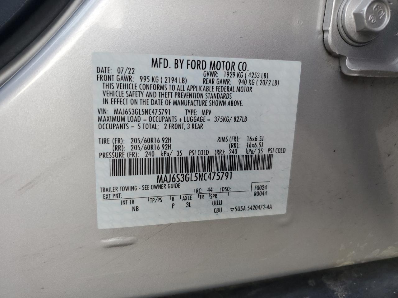 2022 FORD ECOSPORT SE VIN:MAJ6S3GL5NC475791
