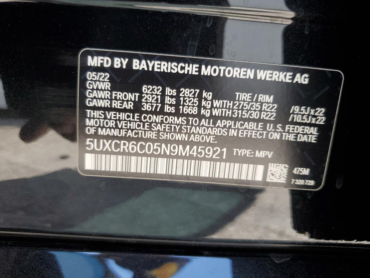 2022 BMW X5 XDRIVE40I VIN:5UXCR6C05N9M45921