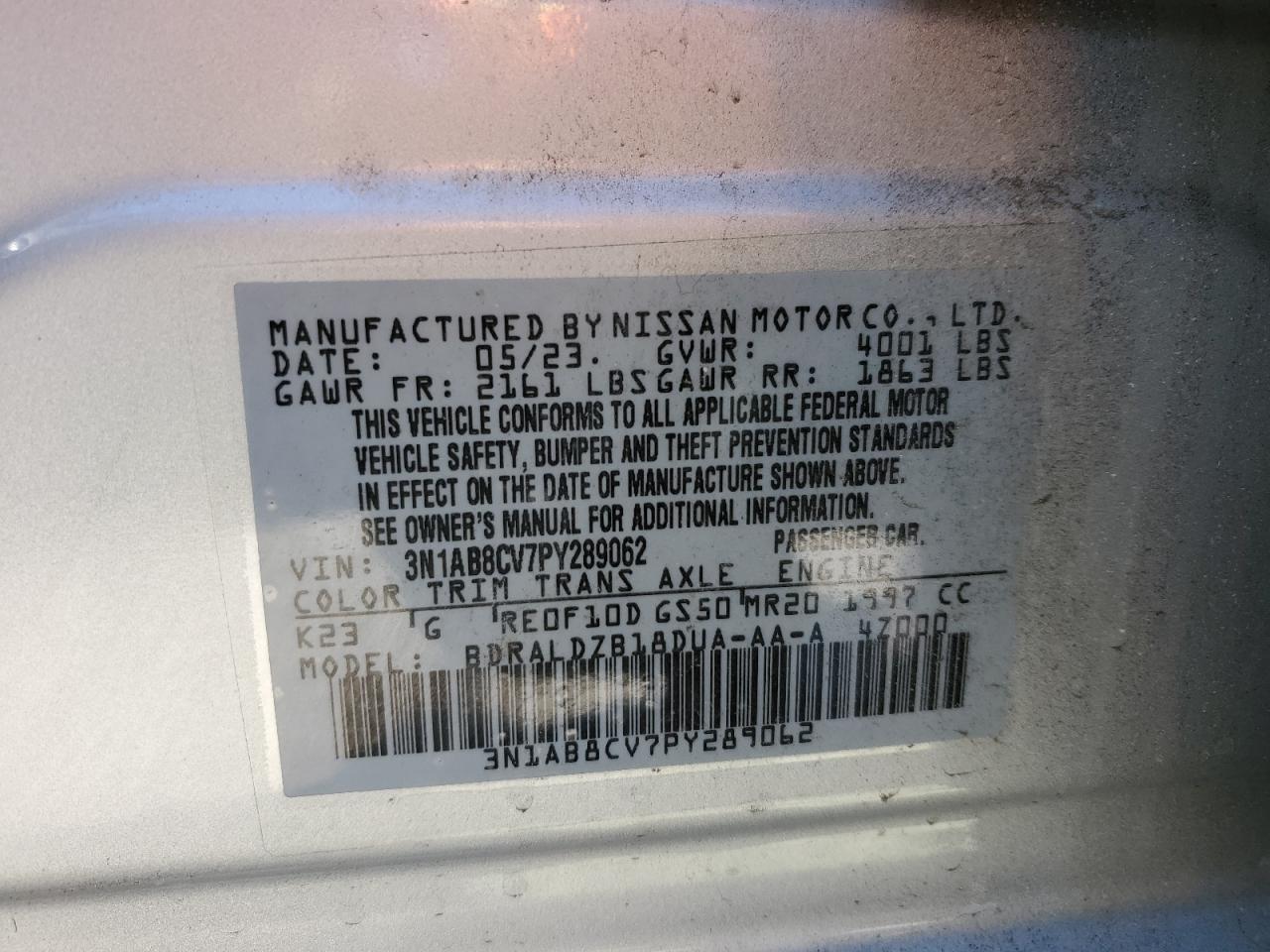 2023 NISSAN SENTRA SV VIN:3N1AB8CV7PY289062