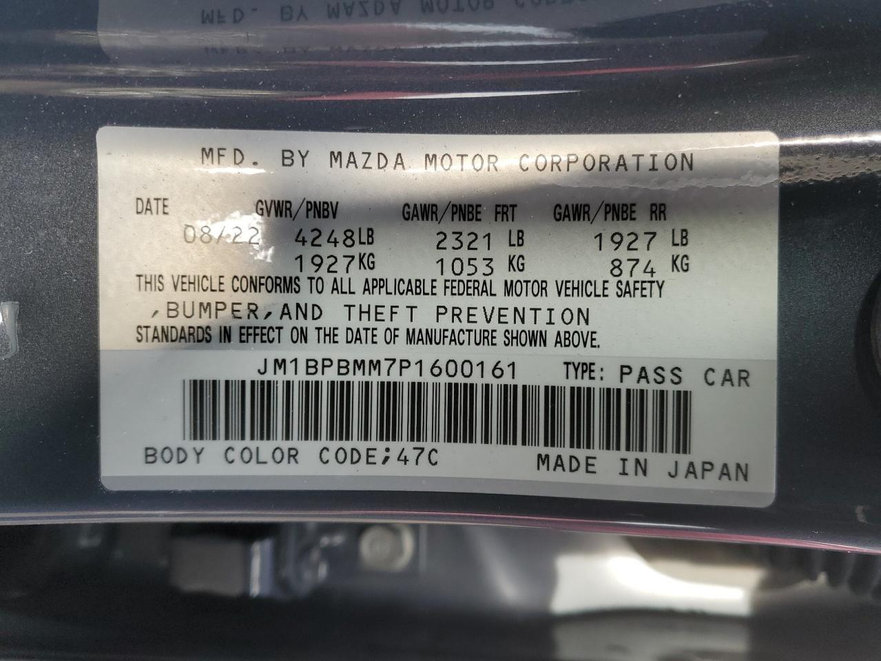 2023 MAZDA 3 PREMIUM VIN:JM1BPBMM7P1600161