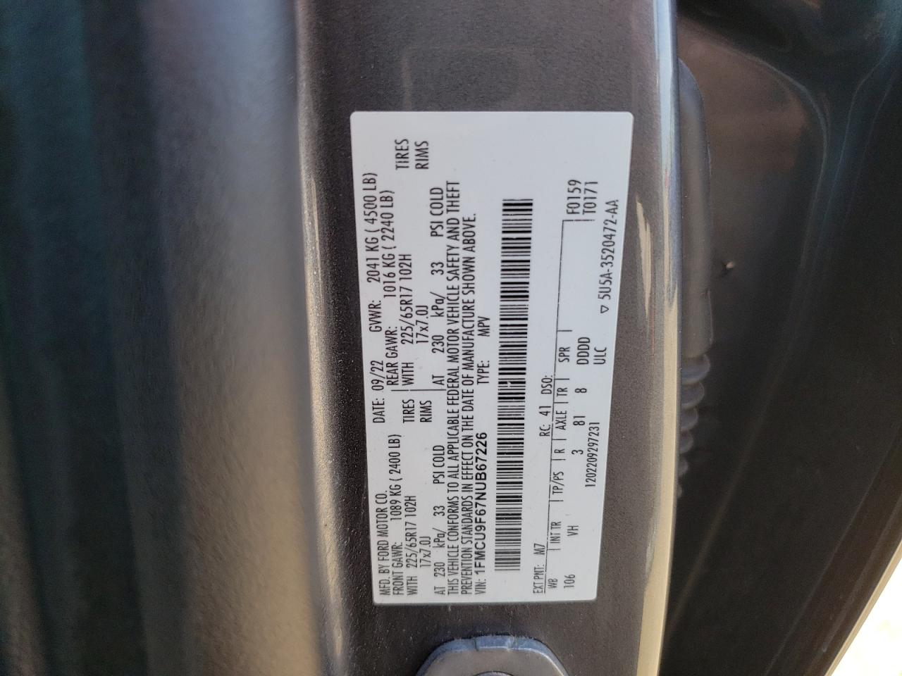 2022 FORD ESCAPE S VIN:1FMCU9F67NUB67226