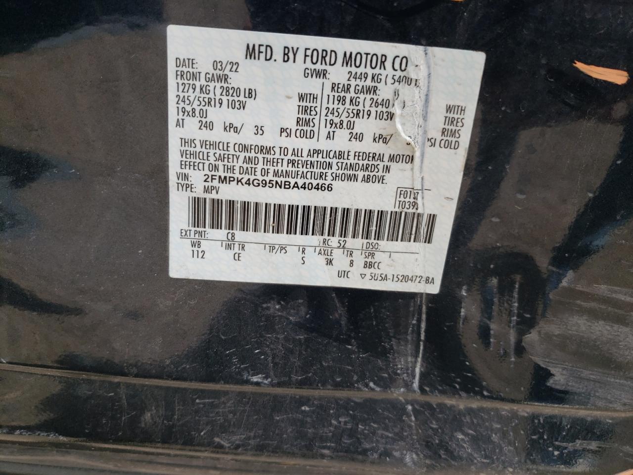 2022 FORD EDGE SE VIN:2FMPK4G95NBA40466
