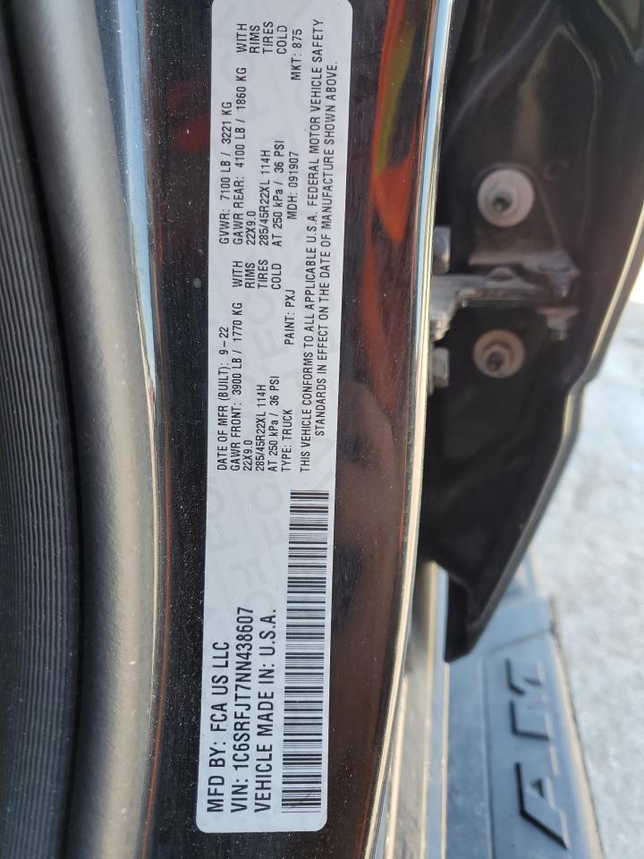 2022 RAM 1500 LARAMIE VIN:1C6SRFJT7NN438607