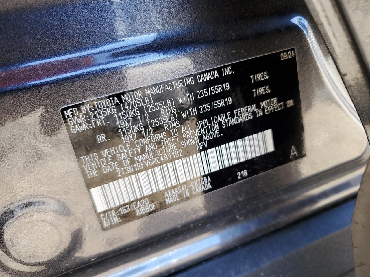 2024 TOYOTA RAV4 LIMITED VIN:2T3N1RFV6RC481182