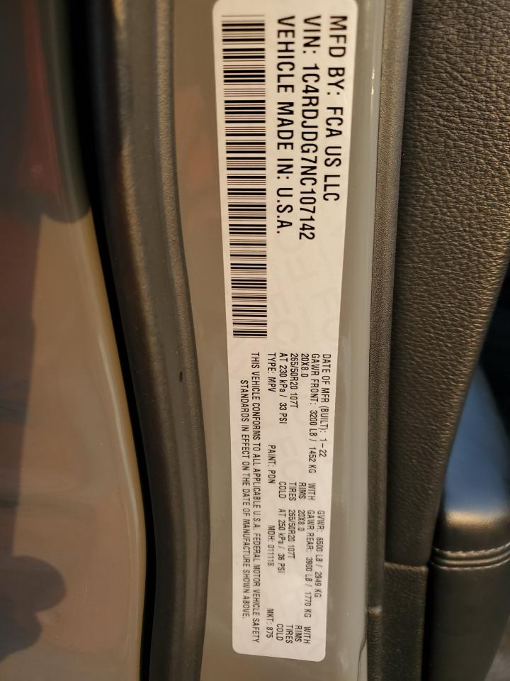 2022 DODGE DURANGO GT VIN:1C4RDJDG7NC107142