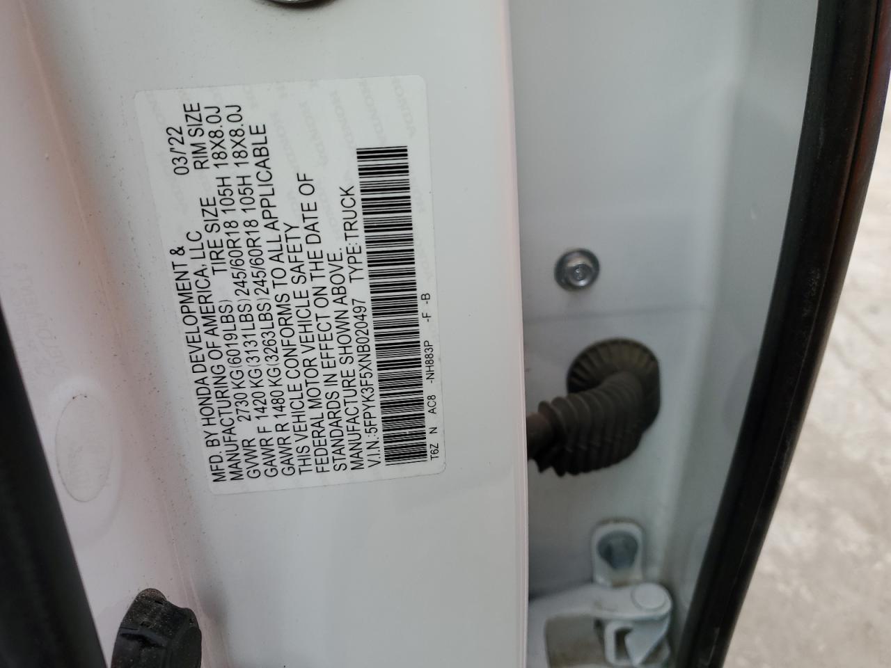 2022 HONDA RIDGELINE RTL VIN:5FPYK3F5XNB020497