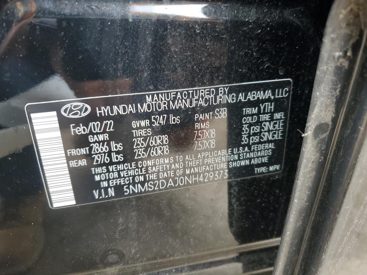 2022 HYUNDAI SANTA FE SEL VIN:WP0AA2A8XNS255297