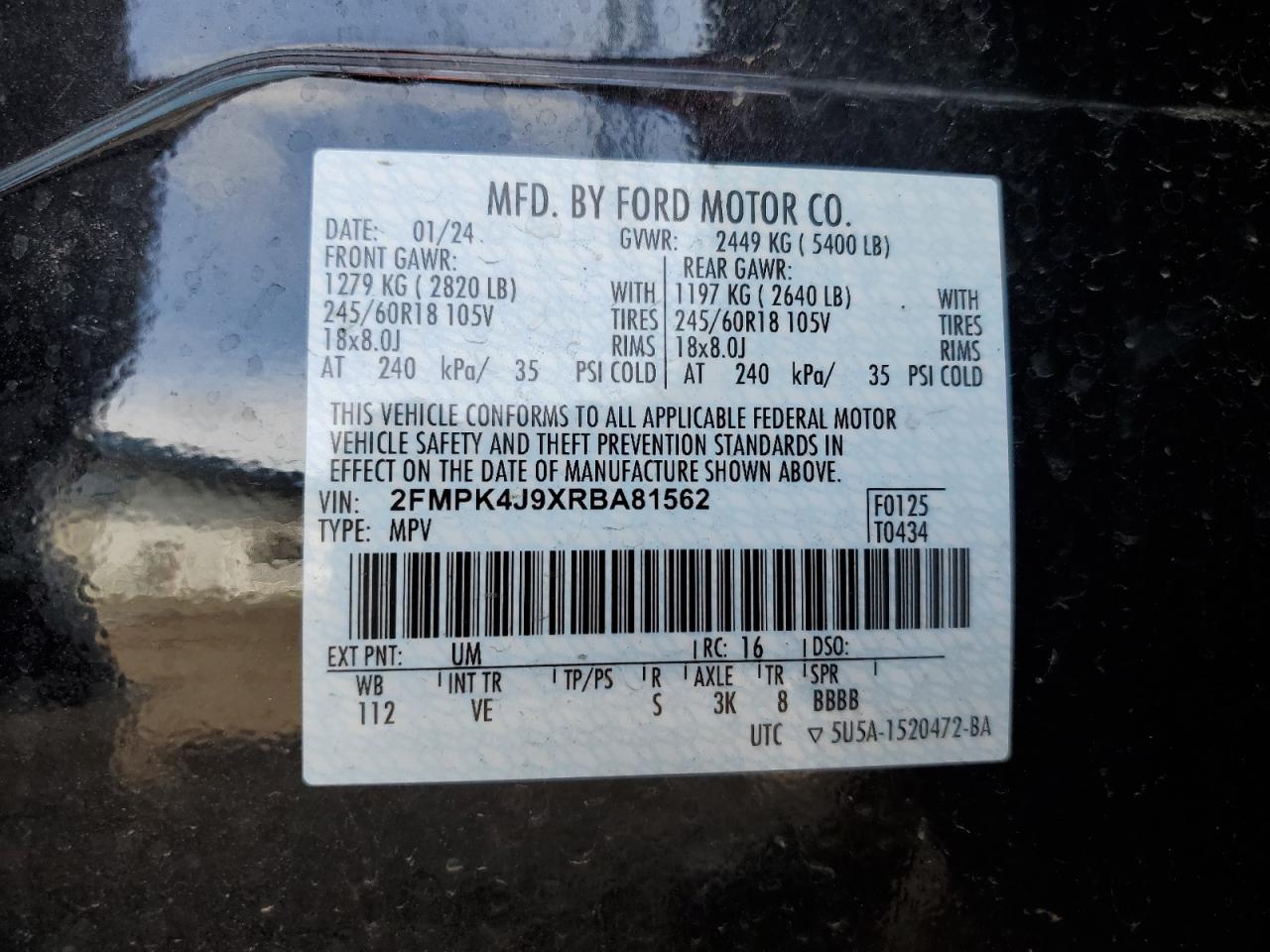 2024 FORD EDGE SEL VIN:2FMPK4J9XRBA81562