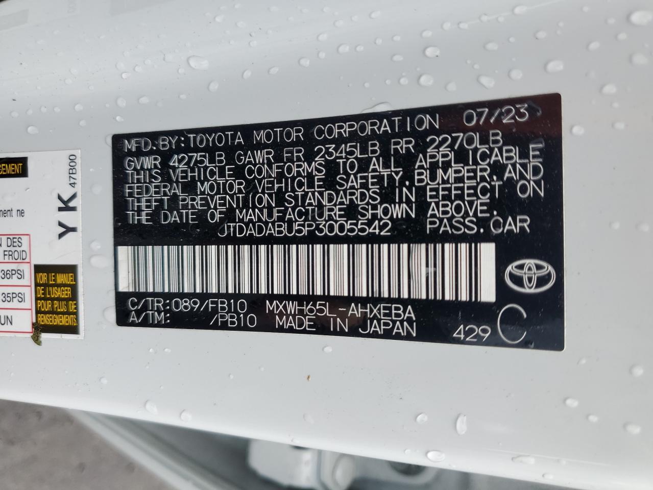 2023 TOYOTA PRIUS LE VIN:JTDADABU5P3005542