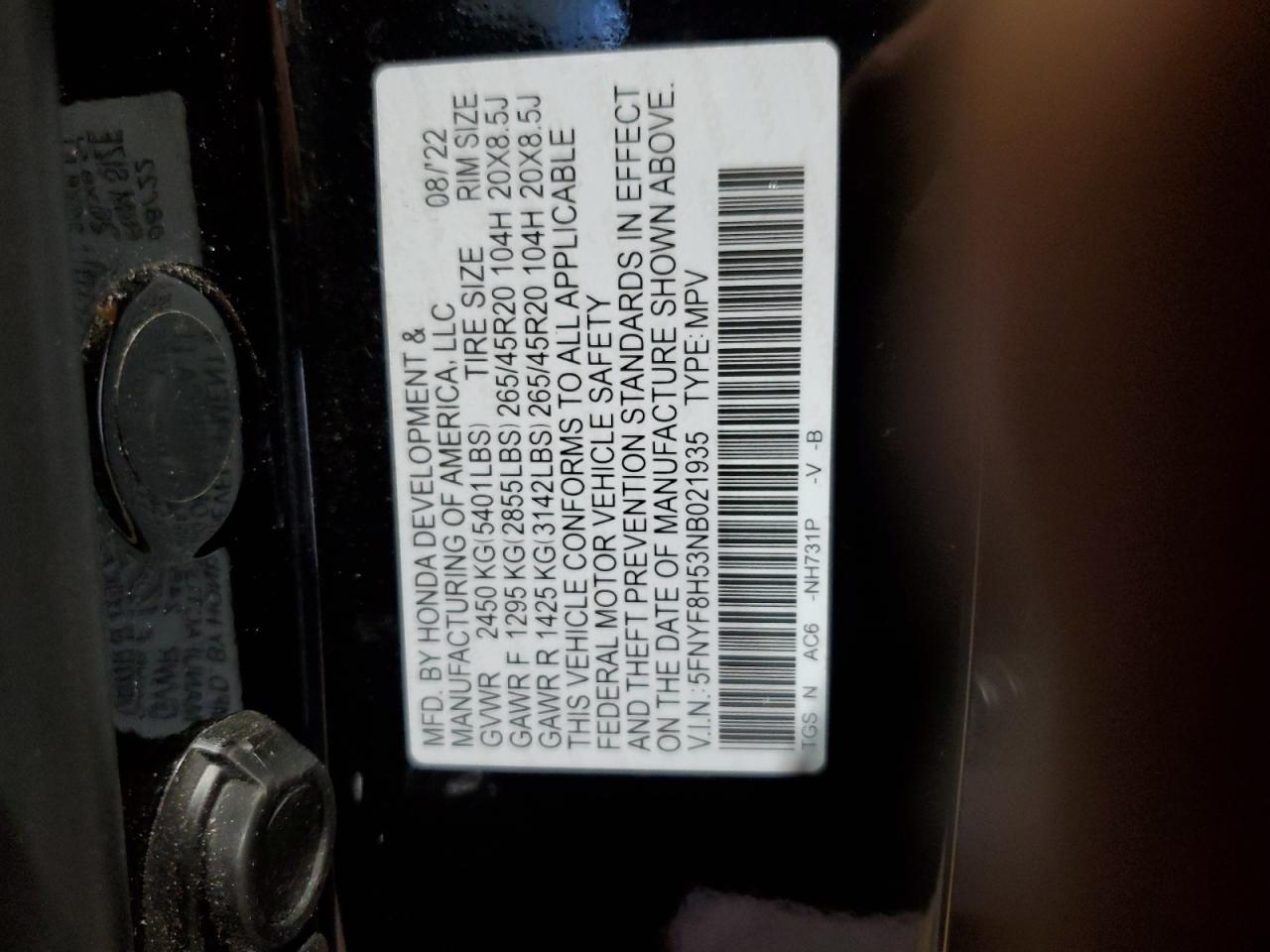 2022 HONDA PASSPORT EXL VIN:5FNYF8H53NB021935