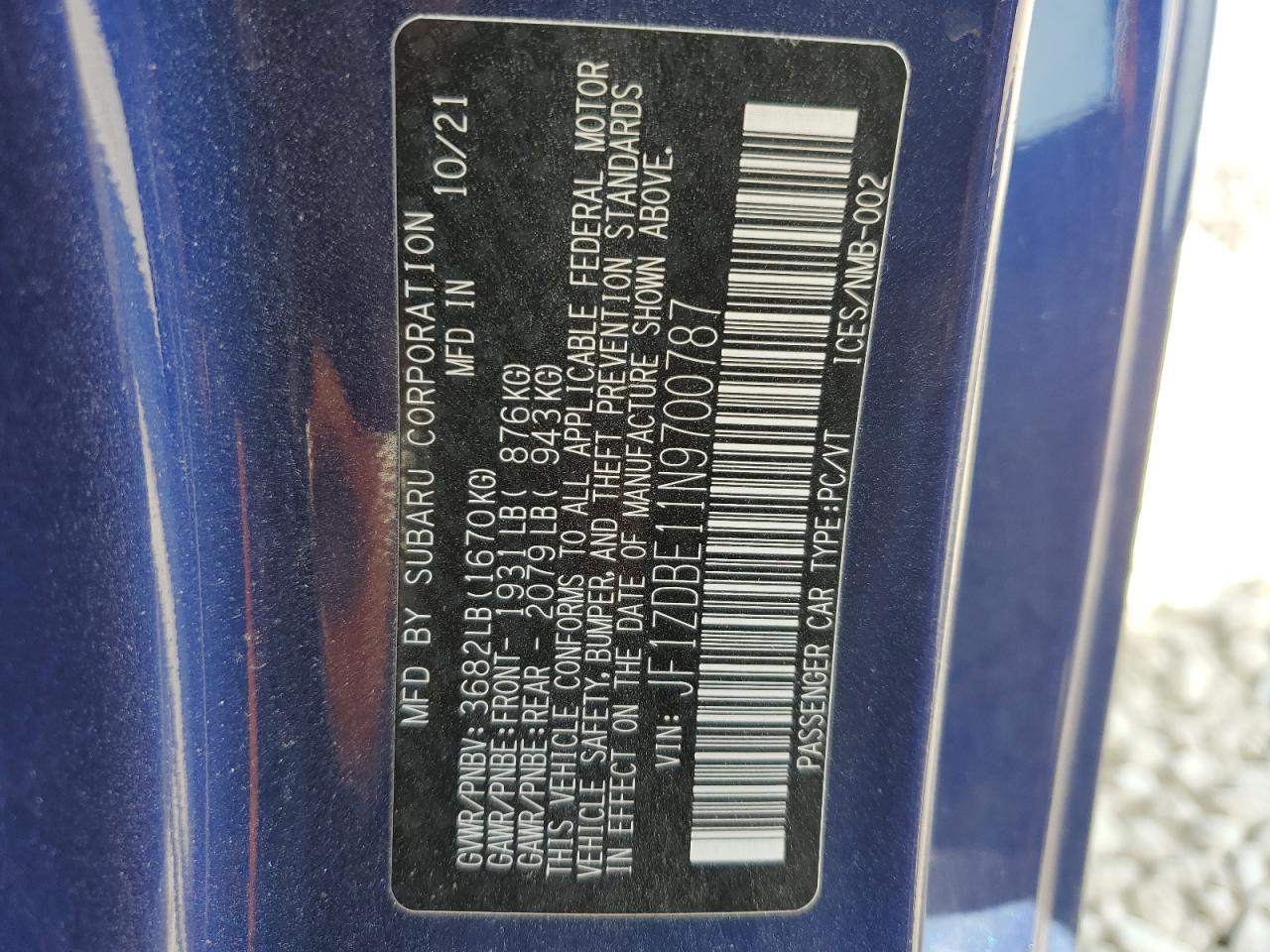 2022 SUBARU BRZ LIMITED VIN:JF1ZDBE11N9700787