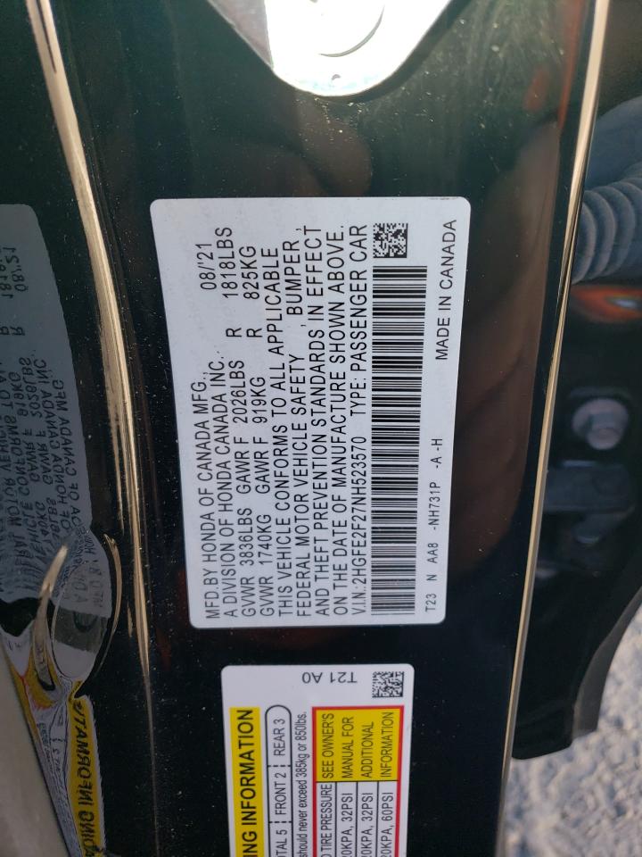 2022 HONDA CIVIC LX VIN:2HGFE2F27NH523570