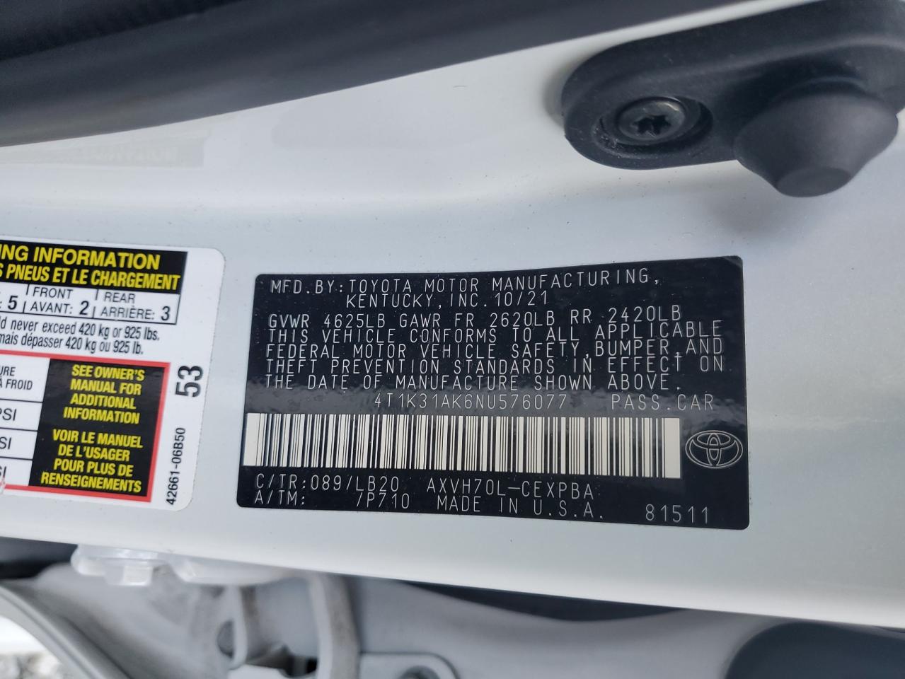 2022 TOYOTA CAMRY XSE VIN:4T1K31AK6NU576077