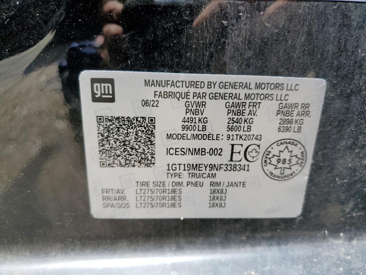 2022 GMC SIERRA K2500 SLE VIN:1GT19MEY9NF338341
