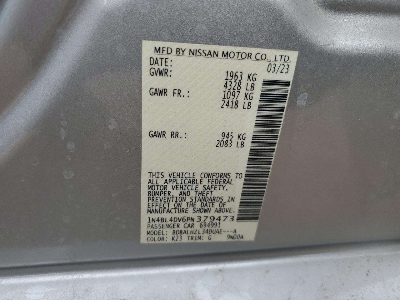 2023 NISSAN ALTIMA SV VIN:1N4BL4DV6PN379473