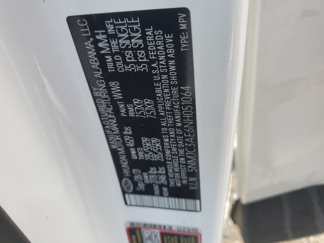 2022 HYUNDAI TUCSON SEL VIN:5NMJC3AE6NH051064