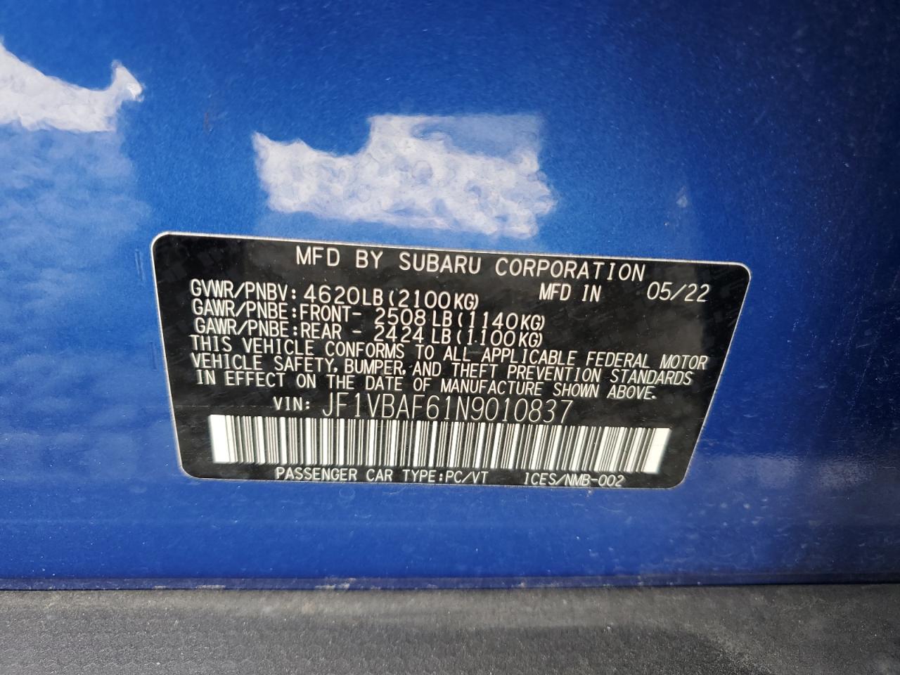 2022 SUBARU WRX PREMIUM VIN:JF1VBAF61N9010837