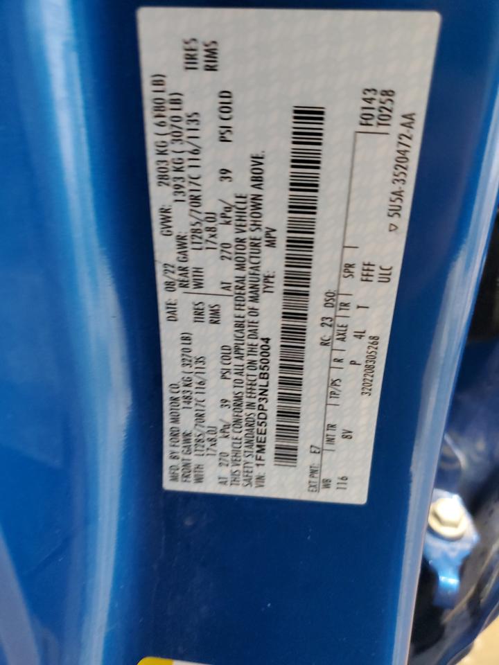 2022 FORD BRONCO BASE VIN:1FMEE5DP3NLB50004