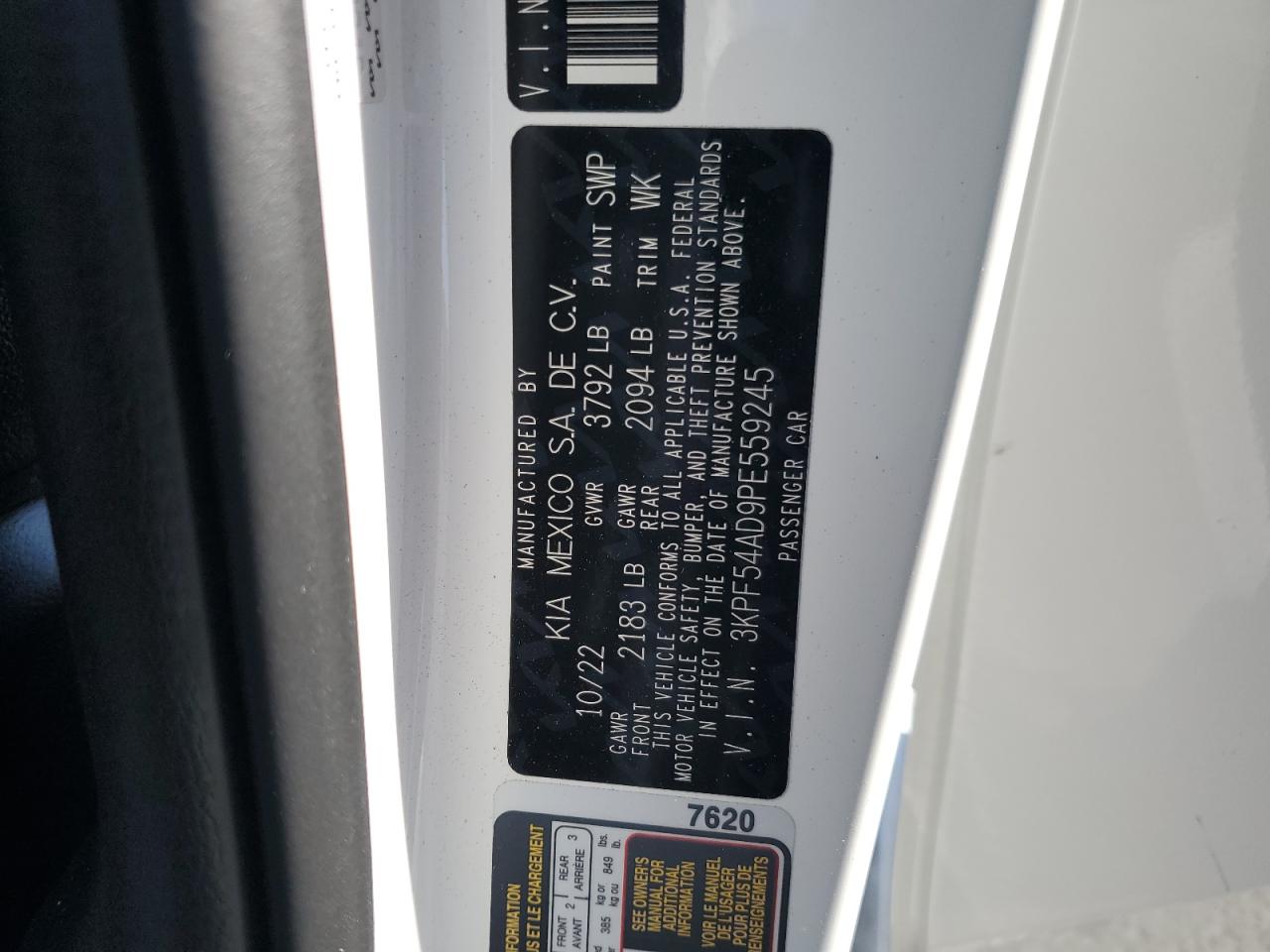 2023 KIA FORTE GT LINE VIN:3KPF54AD9PE559245