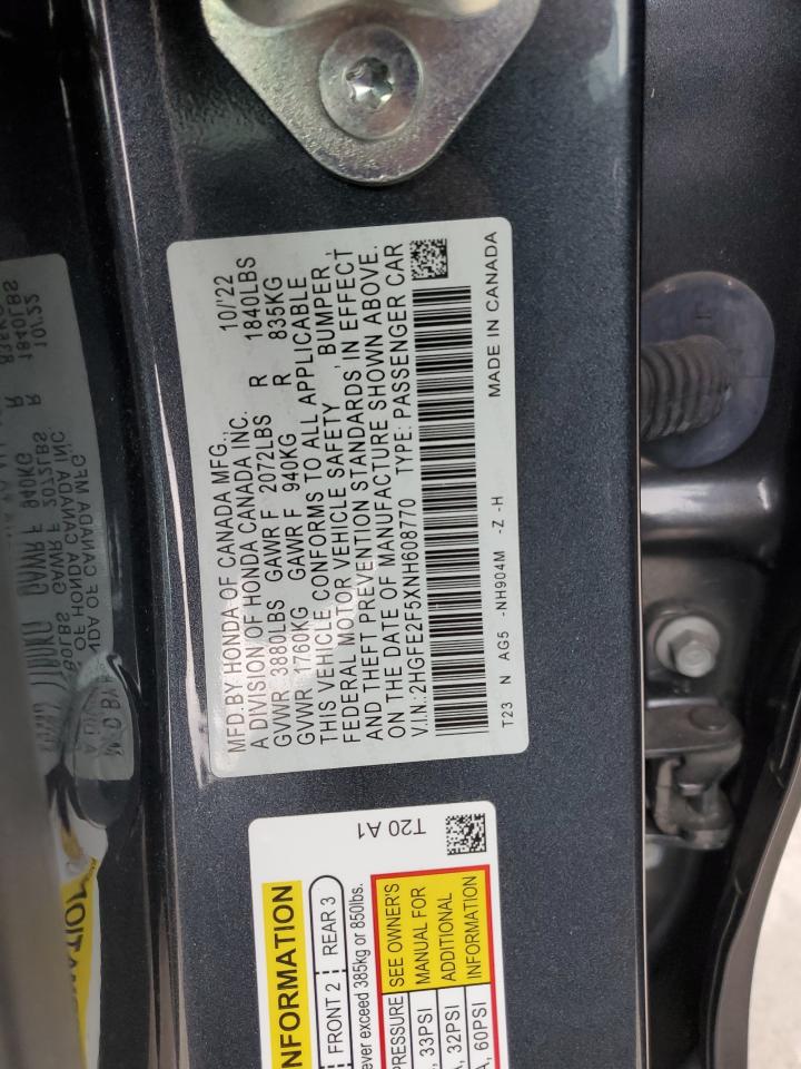 2022 HONDA CIVIC SPORT VIN:2HGFE2F5XNH608770