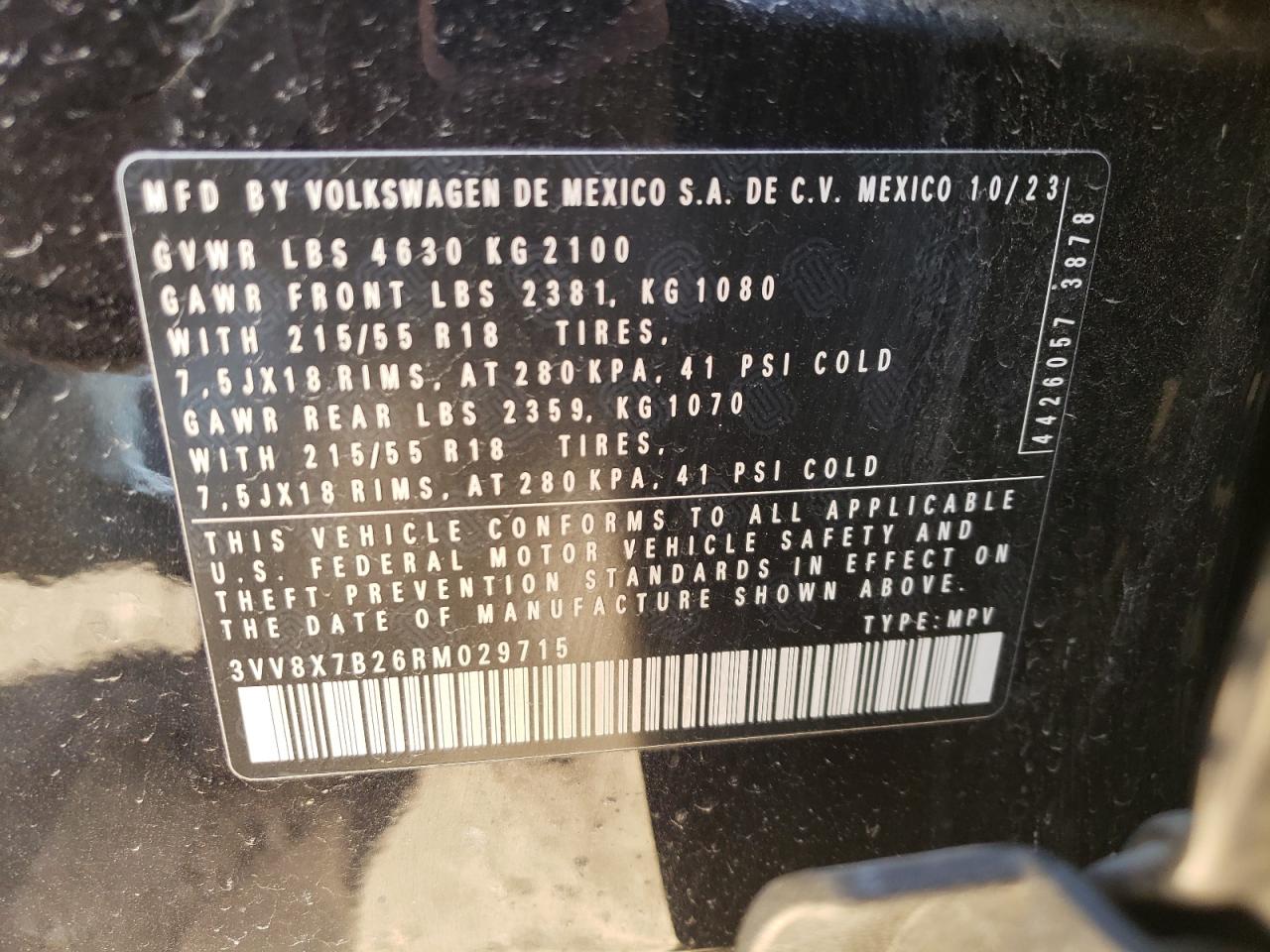 2024 VOLKSWAGEN TAOS S VIN:3VV8X7B26RM029715