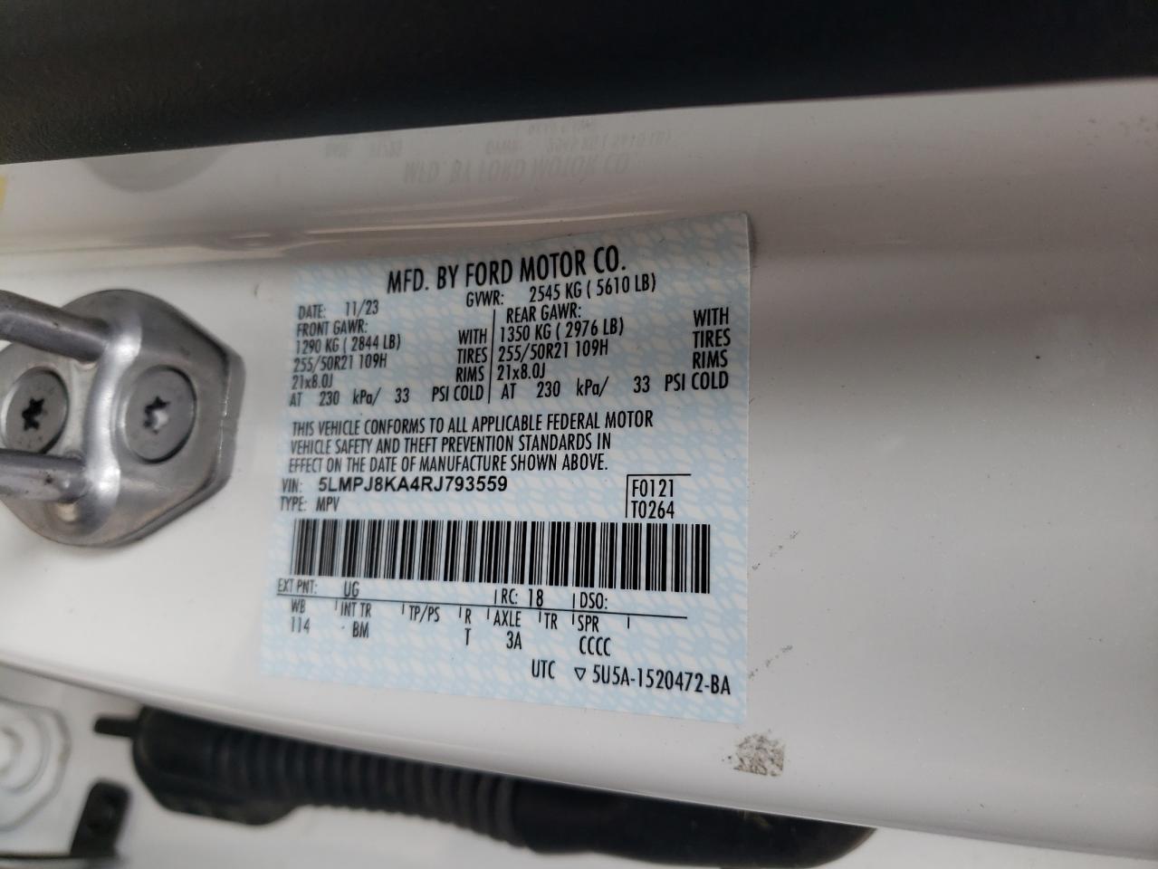 2024 LINCOLN NAUTILUS RESERVE VIN:5LMPJ8KA4RJ793559